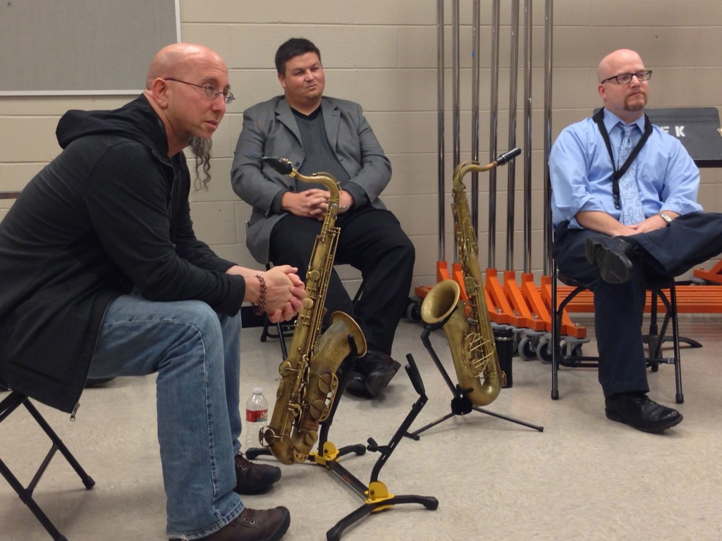 Jeff Coffin, Dr. Adam Estes, Brandon Robinson in a saxophone clinic